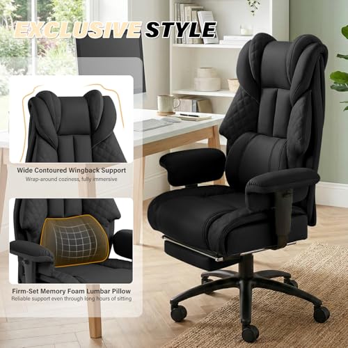Big and Tall Office Chair 400LBS with Foot Rest & Waist Lumber Support, Ergonomic Gaming Chair with 2D Armrests, High-Back Leather Reclining Executive Chair for Home, Office, Black ChaGeer