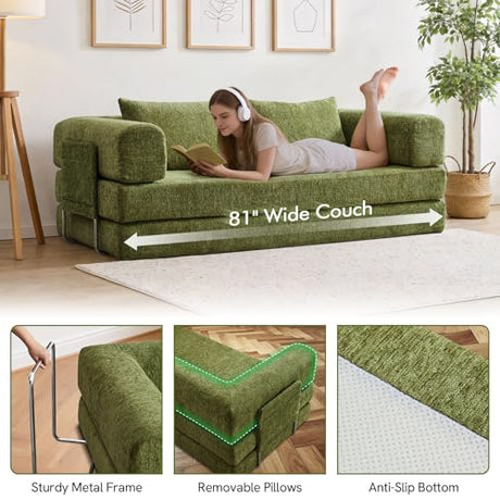 KozyNutria 81" Convertible Sofa Bed with Storage Pockets, 5-in-1 High Density Foam Boneless Couch, Corduroy Folding Futon Sleeper Sofa for Living Room Bedroom Apartment, No Assembly Required, Green KozyNutria