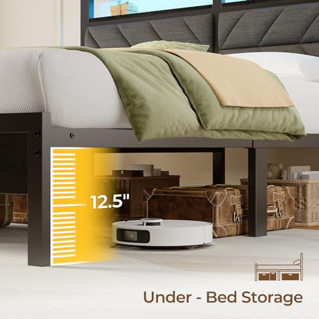 Seventable Full Size Bed Frame with Charging Station & LED Lights, Upholstered Headboard with Storage Shelves, Metal Platform with Under Bed Storage, No Box Spring Needed, Easy Assembly, Dark Grey Seventable