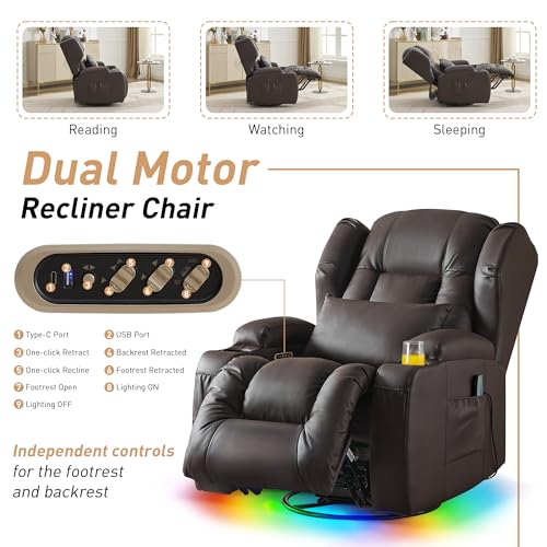 DRMBOOK Dual Motor Power Swivel Rocker Recliner Chairs, Electric Wall Hugger Reclining Sofa with Massage & Heat, Comfy Theater Seating with LED Light/USB/Type-C Ports (Leather Brown, Single Chair)