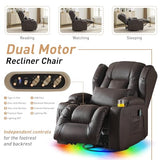 DRMBOOK Dual Motor Power Swivel Rocker Recliner Chairs, Electric Wall Hugger Reclining Sofa with Massage & Heat, Comfy Theater Seating with LED Light/USB/Type-C Ports (Leather Brown, Single Chair)
