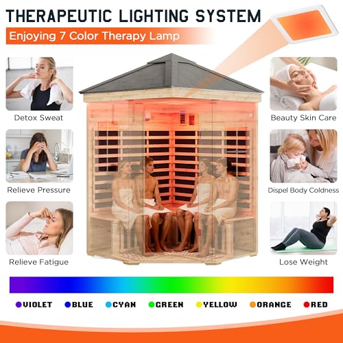 Albott Outdoor Sauna 4 Person, Infrared Saunas for Home, Low EMF 2850W/240V/20A Spruce Wood Dry Sauna with Tourmaline Stone Foot Warmer, 7-Color Light Therapy & 2 Bluetooth Speakers, 59.1"x59.1"x98.4" Albott