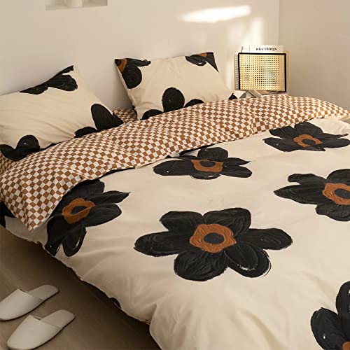 Wellboo Black Floral Comforter Sets Twin Women Girls White and Black Botanical Bedding Sets Cotton Beige Black Sunflower Quilts Teens 3D Large Flower Quilts Watercolor Boho Garden Bohemian Bedding Wellboo