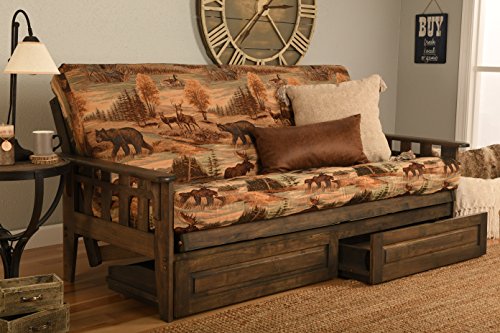 Jerry Sales FutonX Rustic Walnut Frame and Mattress Set with Choice to add Drawers, 8 Inch Innerspring Futon Sofa Bed Full Size Wood (Kodiak Bear Matt, Frame and Drawers) Jerry Sales