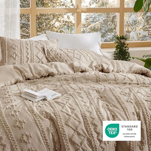 Bedsure Tufted Boho Comforter Set Twin Size - Khaki Boho Bed Set, GentleSoft™ 2 Pieces Farmhouse Shabby Chic Embroidery Bedding, Gifts for Woman, Soft Jacquard Twin Comforter for All Seasons Bedsure
