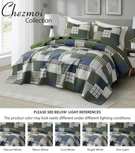 Chezmoi Collection Cedar 2-Piece Printed Patchwork Quilt Set, Green Navy Plaid Coverlet - Pre-Washed Microfiber Lightweight Bedspread for All Seasons, Twin Size Chezmoi Collection