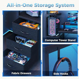 DUMOS L Shaped Gaming Desk with Shelves Storage Drawers 52'', Black Computer Desks with LED Lights Power Outlets, Office Wood Table with PC Stand Cable Management for Bedroom Dual Monitor Streaming DUMOS