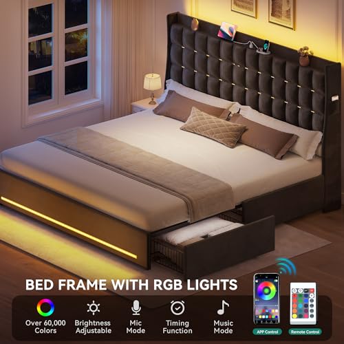 YITAHOME King Size Bed Frame with 4 Drawers and RGB LED Lights, Velvet Upholstered Platform Bed with Charging Station and Storage Headboard, No Box Spring Needed, Easy Assembly, Noise-Free, Grey YITAHOME