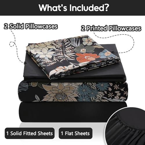 LONAVA Flower King Size 6 Pcs Sheet Set, Breathable Microfiber Deep Pocket Black Fitted Sheets, Comfy & Breathable Patterned Flat Sheets,4 Gentle Soft Pillowcases, Midnight Blossoms LONAVA