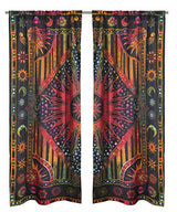 Popular Handicrafts Indian Burning Sun Moon Hippie Mandala Window Curtains for Doorways Closets - Gypsy Tye Dye Bohemian Beautiful Drapery Bedroom Livingroom Divider Balcony Valance Panels Golden Popular Handicrafts