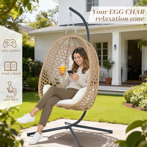 EortheX Hanging Egg Chair with Cushions – Comfortable Rattan Swing Chair with Stand for Patio, Garden, or Balcony – Stylish and Relaxing Outdoor Lounge Chair, 350LBS Capacity Indoor Outdoor (Beige) EortheX outdoor fancy