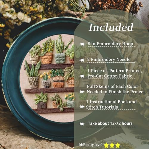 FONNUY Green Plant Embroidery Kit, Petite Potted Plants Patterns, Cross Stitch Kits for Adults and Beginners, Handmade Crafts with Printed Pattern Set, Thread Needlework, 8'' Hoop (Greeen A03)