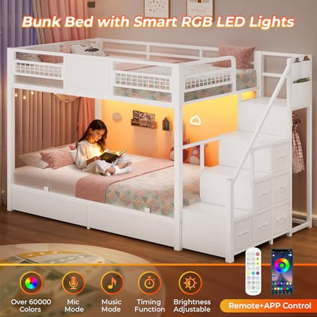 BTHFST Bunk Bed Twin Over Twin with Stairs, LED Lights Twin Bunk Bed with 2 Storage Drawers & 6 Fabric Drawers, Metal Twin Loft Beds with Guardrail & Stairs, Space Saving, Sturdy Frame for Teens BTHFST