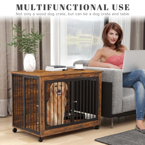 Yafylly 39 Inch Large Wooden Dog Crate Furniture with 180° Rotatable Bowl, Brown Multi-Functional Dog Crate End Table with Wheels, Furniture Dog Crate for Large Dogs with Flip-up Top Opening - WoodArtSupply