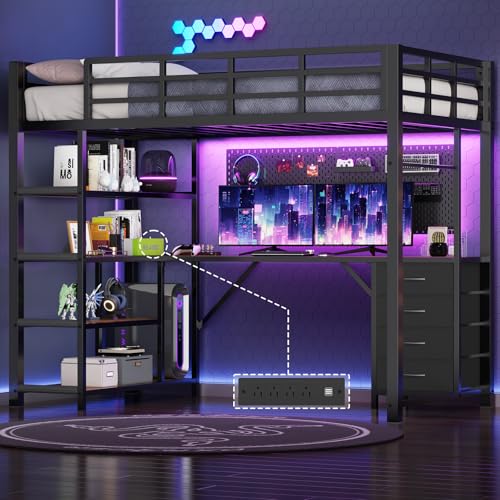 UPOSOJA Loft Bed Twin Size with L Shape Desk,4 Drawers,3-Tier Storage Shelves Metal Loft Bed Frame with Power Outlet and LED Lighted,No Box Spring Needed,Space-Saving,Noise Free,Brown & Black UPOSOJA