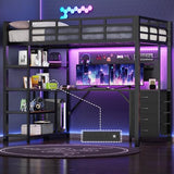 UPOSOJA Loft Bed Twin Size with L Shape Desk,4 Drawers,3-Tier Storage Shelves Metal Loft Bed Frame with Power Outlet and LED Lighted,No Box Spring Needed,Space-Saving,Noise Free,Brown & Black UPOSOJA