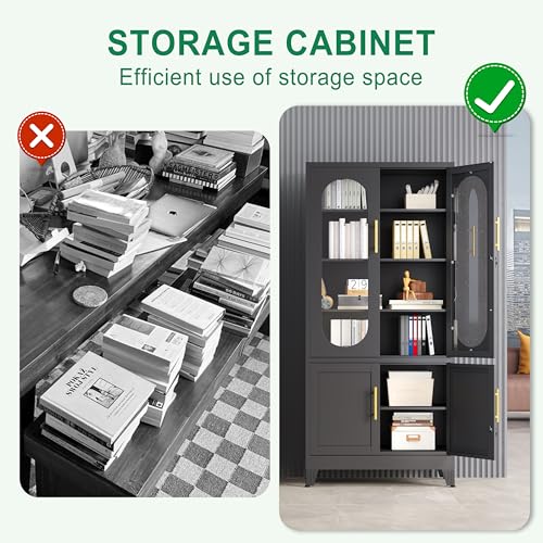 Lusiwry 71”H Metal Storage Cabinet with Lock Glass Doors and Shelves,Steel Garage File Cabinets, Kitchen Pantry Cabinet Tall Locker Organizer for Home, Office, Warehouse,Tool（Black） Lusiwry