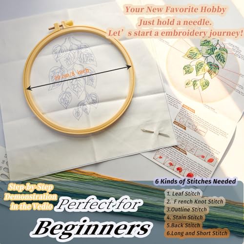 FONNUY Green Plants Embroidery Kit, Cross Stitch Kits for Beginners, Handmade Crafts with Printed Patterns for Beginner Adults, Easy to Follow Color Thread Needlework, 8'' Hoop (Drooping Leaves)