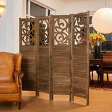 Svimi Folding Room Divider, 5.6Ft 4 Panels Wood Carved Privacy Screens, Free Assembled Freestanding Portable Reversible Functional Decorative Partition for Home Office Restaurant Bedroom (Brown) Svimi