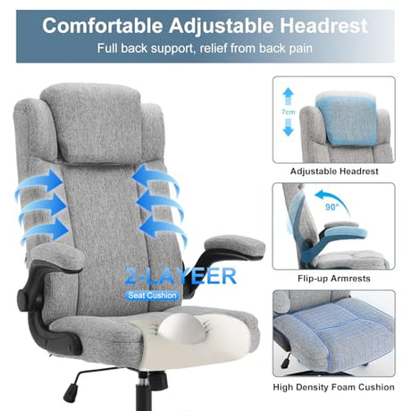 BRTHORY High Back Executive Office Chair with Adjustable Headrest,Fabric Desk Chairs with Flip-up Armrest,Big and Tall Office Chair,Ergonomic Computer Desk Chair with Rocking Function,110° Tilt Rock BRTHORY