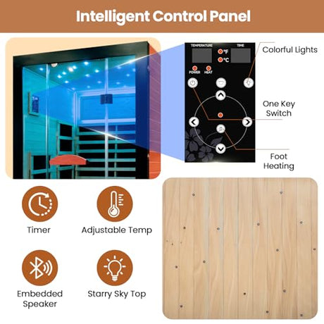 SAUNA Infrared Sauna 2 Person 2000W Low-EMF Wooden Home Spa Room Okoume Wood Indoor Dry Saunas with Intelligent Control Panel/Speaker/7-Colorful Starry Sky Light Two Person Sauna 47.3*41.3*74.8 IN HOSAUNA