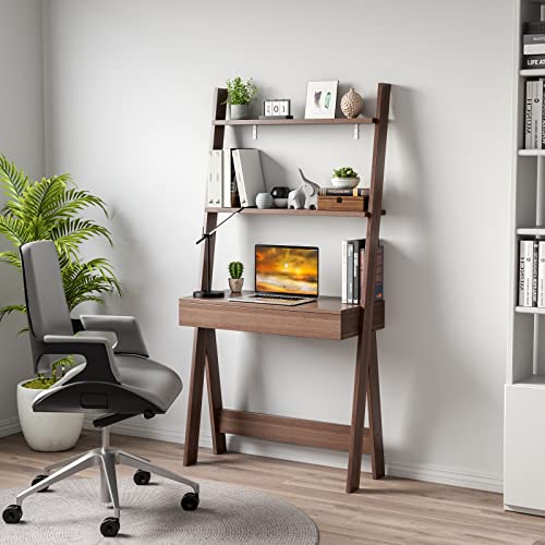 Tangkula Walnut Ladder Desk with 2-Tier Bookshelf and Drawer for Modern Storage Solutions - WoodArtSupply