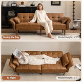 HALLYBEE 85” Futon Sofa Bed, Sleeper Sofa, Small Couch with Storage Adjustable Armrests Pillows, Faux Leather Loveseat, Mid Century Modern Couches for Living Room, Bedroom, Apartment, Brown HALLYBEE