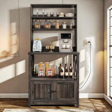 YITAHOME Bakers Rack with Power Outlet and Storage Cabinet Door, 5-Tiers Kitchen Tall Microwave Stand, Farmhouse Small Pantry Hutch, Thickened Counter Coffee Bar Station with Shelves, Black Oak YITAHOME