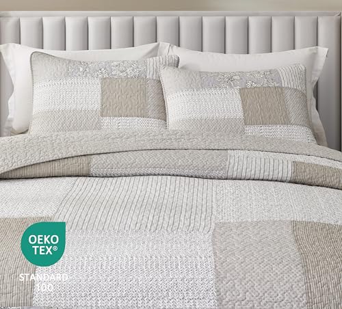 Chezmoi Collection Quinn 3-Piece Neutral Taupe Gray White Floral Hibiscus Flower Candy Stripe Patchwork Quilt Set - Pre-Washed Cotton Coverlet - Lightweight Reversible Bedspread, Queen Size Chezmoi Collection