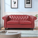 RARZOE Traditional Chesterfield PU Loveseat Sofa, Modern Vintage Chesterfield Button Tufted Faux Leather Couch with Nailhead Trim Scrolled Arms for Living Room Bedroom Office(Burgundy) RARZOE