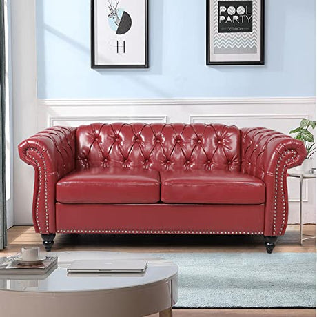 RARZOE Traditional Chesterfield PU Loveseat Sofa, Modern Vintage Chesterfield Button Tufted Faux Leather Couch with Nailhead Trim Scrolled Arms for Living Room Bedroom Office(Burgundy) RARZOE