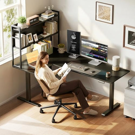 OffiGo L Shaped Electric Standing Desk, 63 Inch Reversible Corner Stand up Table with Hutch, Height Adjustable Ergonomic Large Lift Table for Home Office, Workstation, Black OffiGo