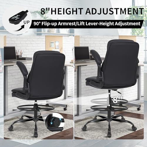 Misolant Drafting Chair, Tall Office Chair for Standing Desk, High Leather Executive Office Chair with Adjustable Height and Flip-up Armrest for Counter Height Desk Misolant