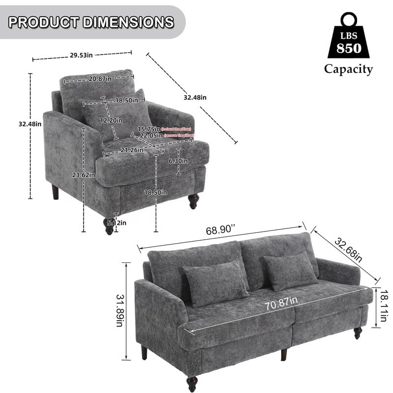 AZSJML 2 Pieces Sofa Couch Set for Living Room, 68'' Mid Century Modern Loveseat and Accent Chair Set, Chenille Sofa Comfy Cloud Couch with Deep Seats for Small Spaces Apartment Bedroom, Grey