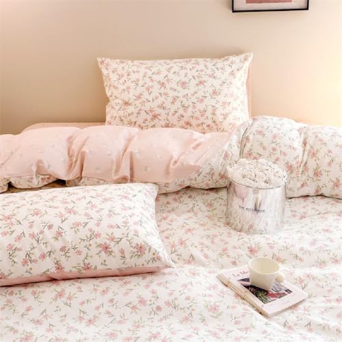 Bildenly Twin Size Duvet Cover Pink Floral on Side A, Pink & Small Flowers on Side B, Comforter Cover Soft & Lightweight Microfiber Quilt Cover with Zipper Closure and 1 Pillowcase Bildenly