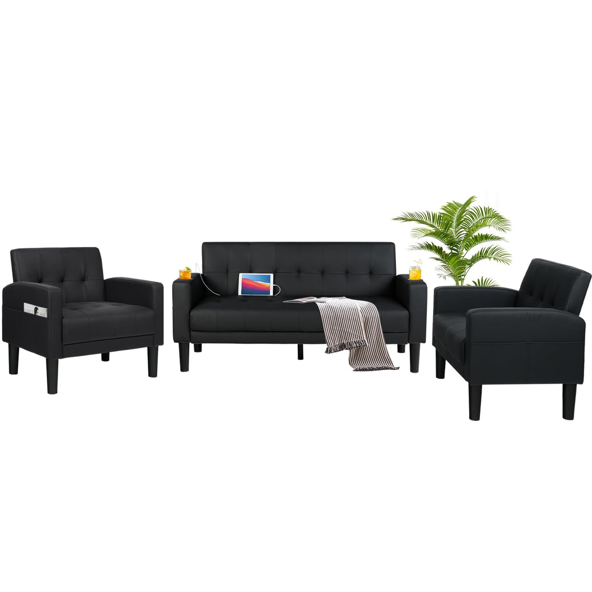 AILEEKISS 3 Piece Living Room Sofa Set Loveseat Sofas Sets with 2 USB,Cup Holders,Side Pocket, Modern Leather 3 Pcs Sectional Couches Set for Apartment, Office, Bedroom (Black, 2-Seat+1-Seat+1-Seat) AILEEKISS