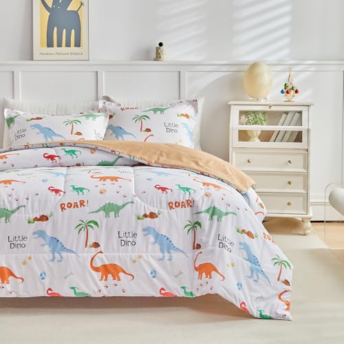 Joyreap Cotton Comforter Set Twin, Colorful Dinosaurs Orange n White Design, 3pcs Kids Bedding Set for All Season- 68x88 inches Joyreap
