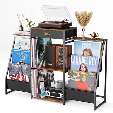 JunVpic Record Player Stand with Vinyl Storage – Record Table with Holder,6-Bin Vinyl Storage Rack & Drawer, Dual Side Display Shelves,Holds 200+ Albums,Turntable Stand for Living Room,Bedroom (Brown) JunVpic