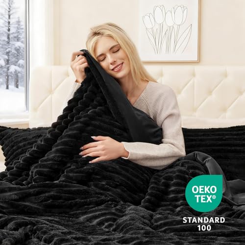 EXQ Home Fluffy Comforter Set Queen Size - Super Soft Faux Fur Stripe Jacquard Comforter 3 Pieces, Black Fleece Bedding Set,Winter Warm Bed Set,1 Comforter with 2 Pillowcases EXQ Home