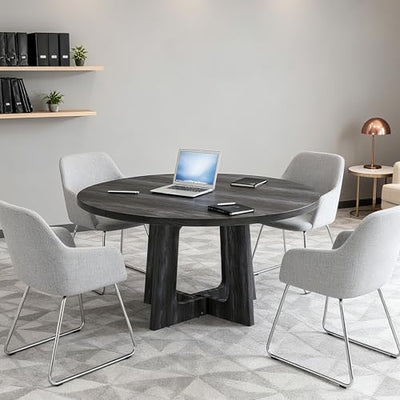47-Inch Round Conference Table Wooden Wood Base, Modern Wooden Conference Table for 4-6 People, Easy Assembly Boardroom Table (Black)