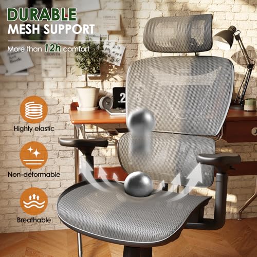 GABRYLLY Ergonomic Office Chair, Big and Tall Mesh Chair with Lumbar Support, 3D armrest - 215° Rotation, Adjustable Headrest & Soft Seat, Durable Desk Chair 350LBS for Work Gaming Computer,Grey GABRYLLY