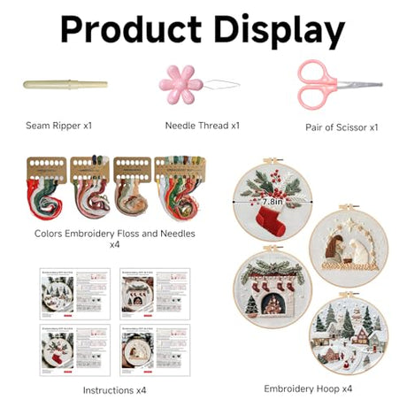 TPZBWG Christmas Embroidery Kit, 4 Pack Cross Stitch Kits,DIY Embroidery Starter Kit for Adults & Beginners, DIY Needlepoint Kit with Embroidery Hoop Thread Needle for Craft Lover Birthday Gifts 2 TPZBWG