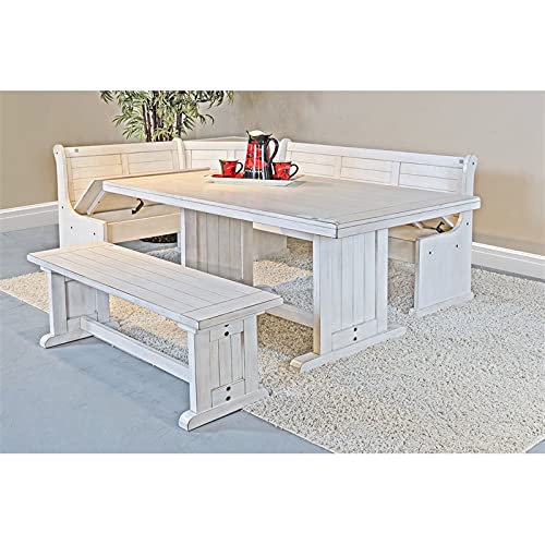 Pemberly Row Farmhouse Wood Kitchen Corner Breakfast Dining Nook Set with Hidden Storage in Marble White - WoodArtSupply