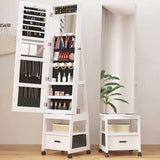 Alkmaar 360° Swivel Jewelry Armoire, Floor Standing Locking with Full Length Mirror,Bottom Drawer, Shelf, Wheels,White Cabinet with Large Storage Capacity (White push-pull) Alkmaar
