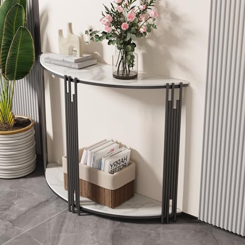 Modern Half Moon Console Table Hallway Side 2-Tier White Classic Semi-Circle Marble Metal Finish Storage WoodArtSupply