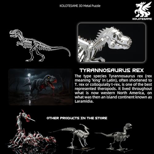 Kolotesame T.rex 3D Metal Puzzle Dinosuar Model for Adults, DIY Dinosuar Skeleton Building Model Kit, Immersive Creative Puzzle Model for Men or 3D Building Enthusiasts Gift
