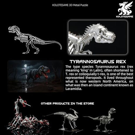 Kolotesame T.rex 3D Metal Puzzle Dinosuar Model for Adults, DIY Dinosuar Skeleton Building Model Kit, Immersive Creative Puzzle Model for Men or 3D Building Enthusiasts Gift kolotesame