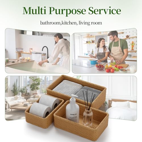 LAVNTM Rattan Storage Basket, 3 Pack Hand Woven Rectangular Fruit Baskets for Serving, Picnic Basket, Wicker Storage for the Living Room Kitchen (Honey Brown) LAVNTM