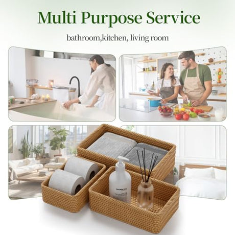 LAVNTM Rattan Storage Basket, 3 Pack Hand Woven Rectangular Fruit Baskets for Serving, Picnic Basket, Wicker Storage for the Living Room Kitchen (Honey Brown) LAVNTM