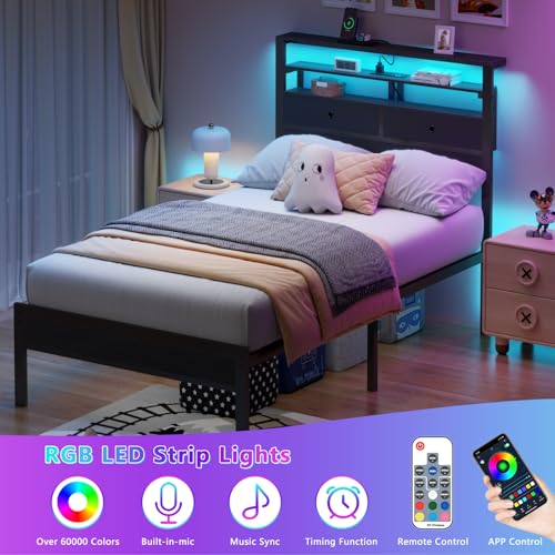 Furnulem Twin Bed Frames with Charging Station and LED Lights, Wood Headboard with 2 Fabric Drawers and Storage Shelves, Twin Size Platform Bed with Metal Slats, No Box Spring Needed, Black Oak Furnulem